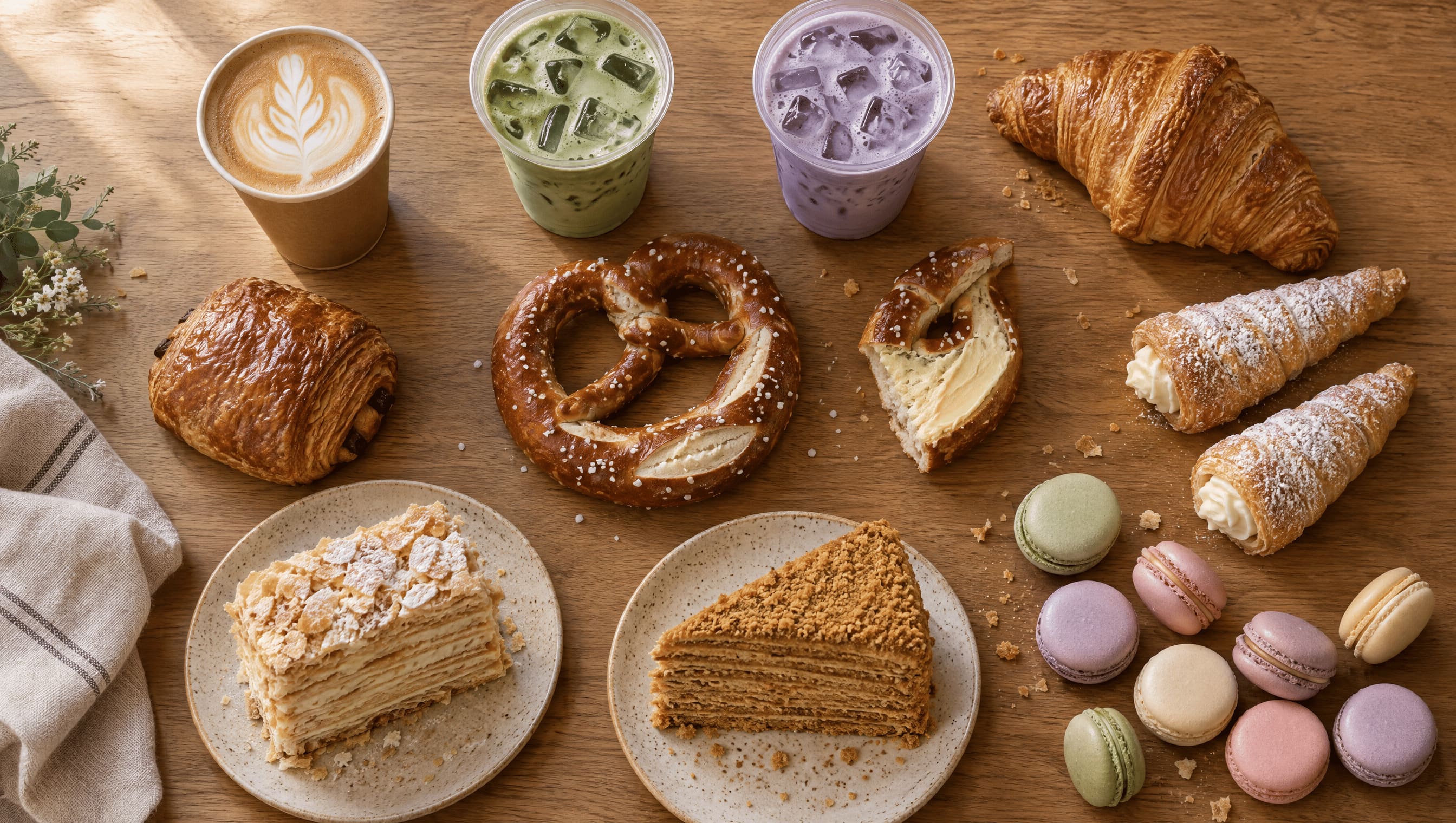 Flatlay mit Kaffee und Gebäck